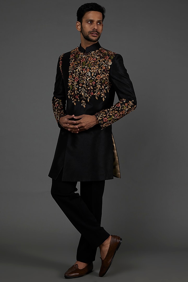 Black Embroidered Indowestern Jacket Set by attire by kunal & Sid j