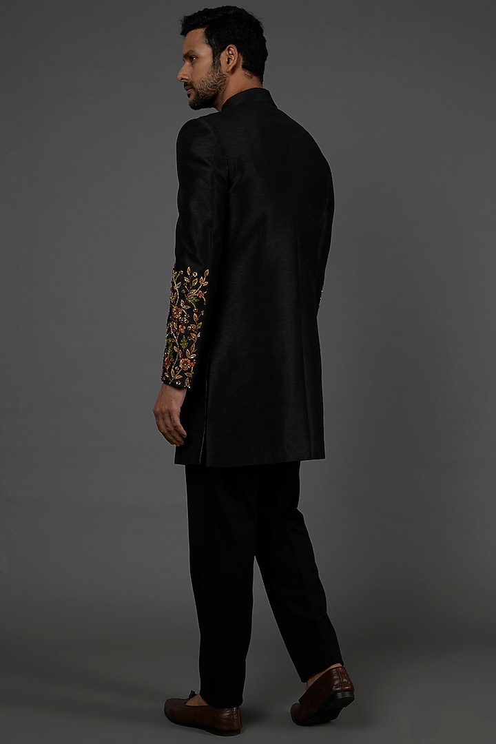 Black Embroidered Wedding Indowestern Jacket Set by attire by kunal & Sid j at Pernia's Pop Up Shop