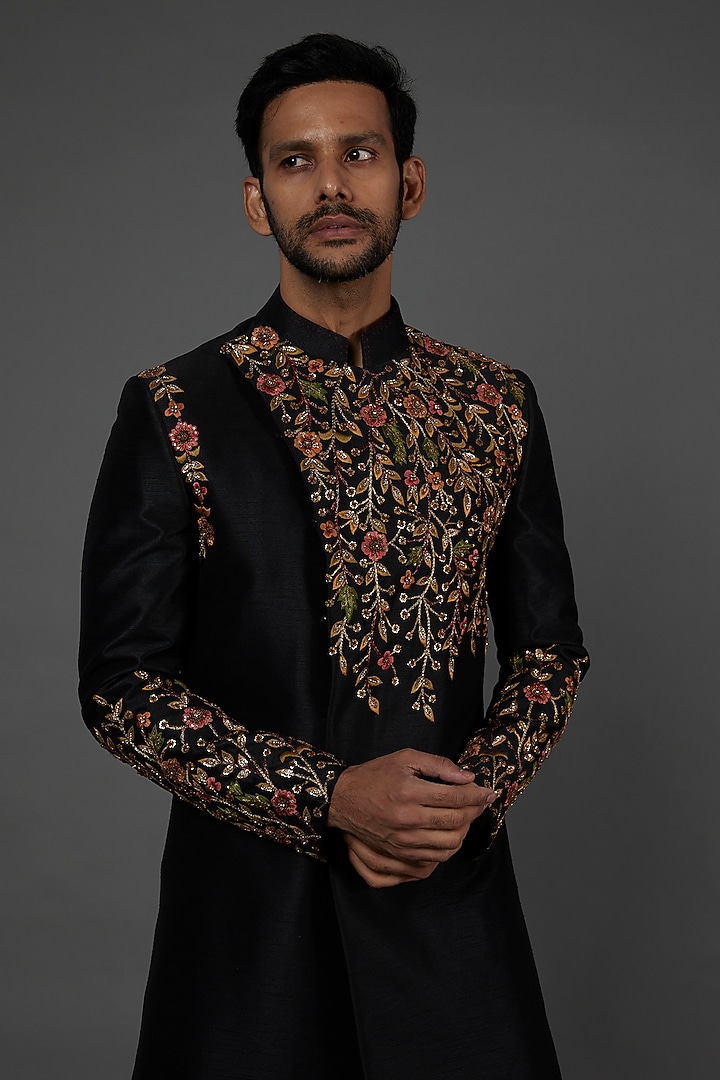 Black Embroidered Wedding Indowestern Jacket Set by attire by kunal & Sid j at Pernia's Pop Up Shop