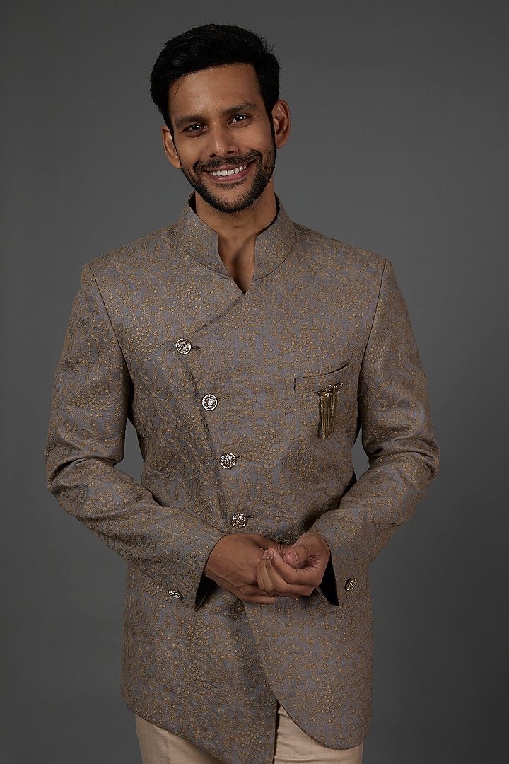 Grey Linen Bandhgala Set by attire by kunal & Sid j at Pernia's Pop Up Shop