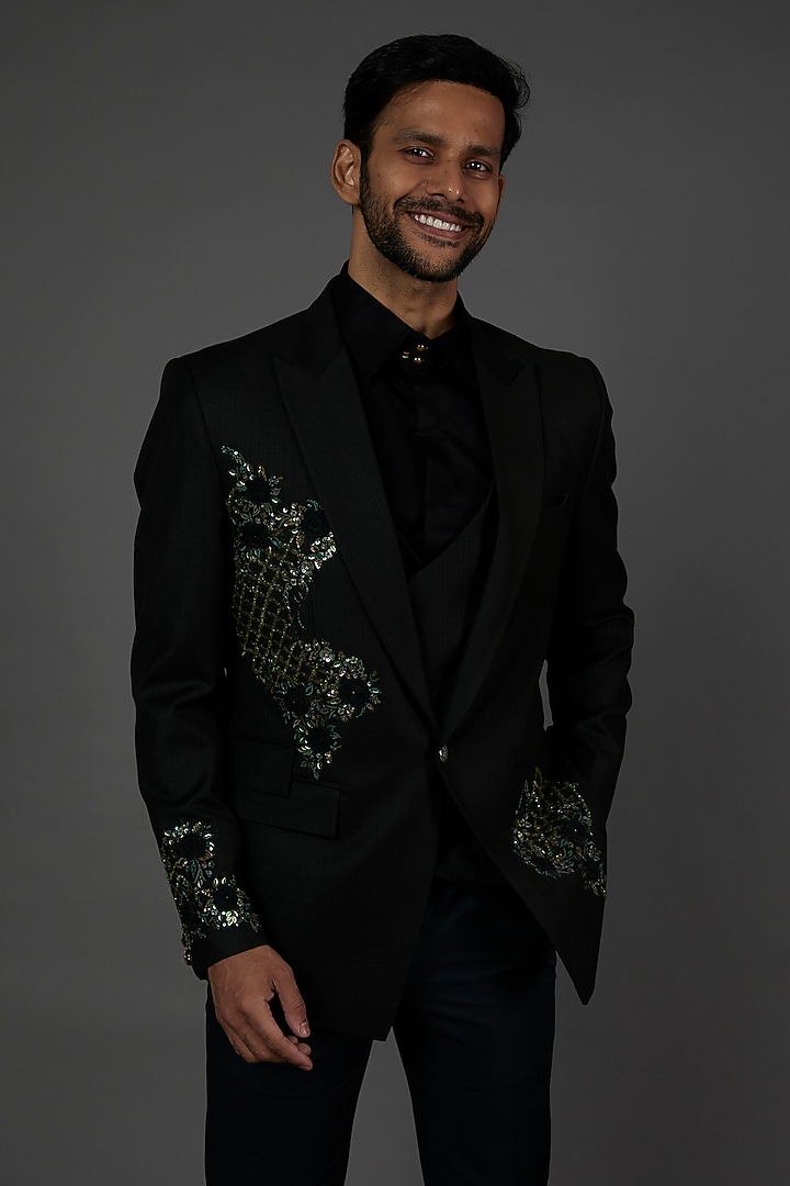 Dark Green Polyester Sequins Embroidered Tuxedo Set by attire by kunal & Sid j at Pernia's Pop Up Shop