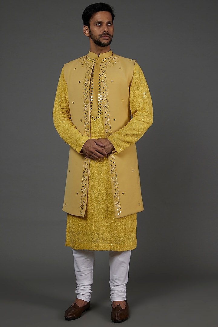 Yellow Embroidered Indowestern Set by attire by kunal & Sid j