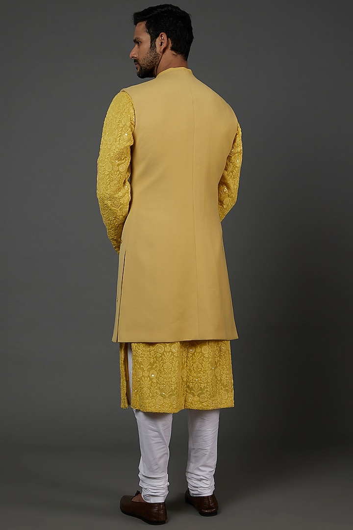 Yellow Embroidered Wedding Indowestern Set by attire by kunal & Sid j at Pernia's Pop Up Shop