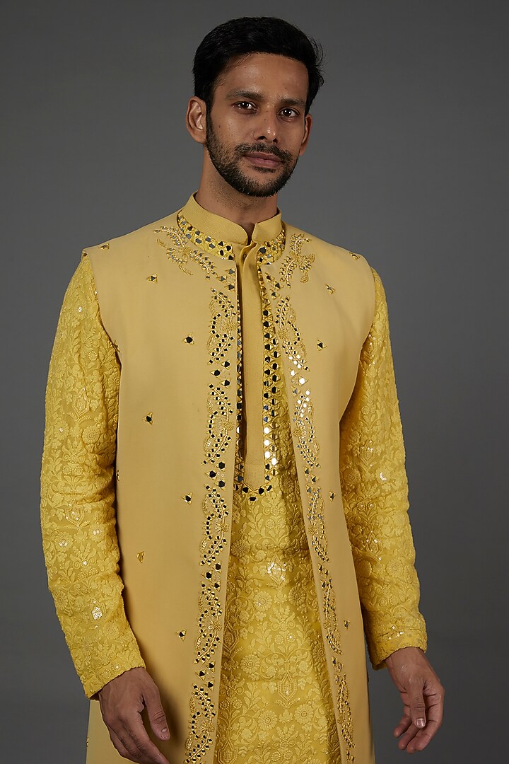 Yellow Embroidered Wedding Indowestern Set by attire by kunal & Sid j at Pernia's Pop Up Shop