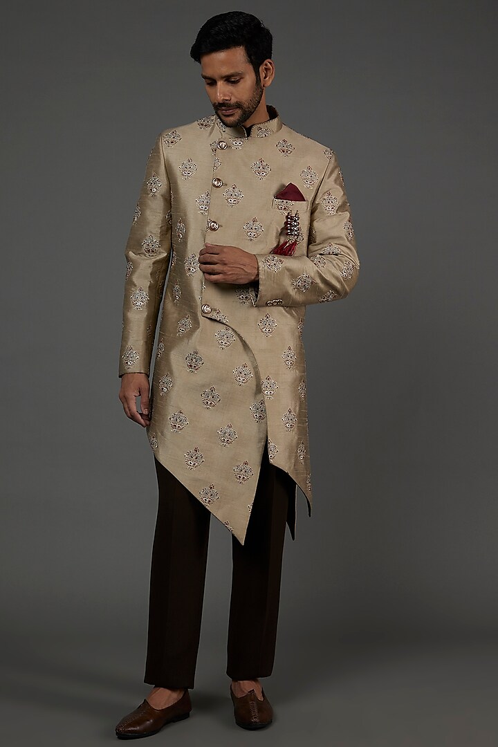 Cream Gold Embroidered Indowestern Jacket Set by attire by kunal & Sid j
