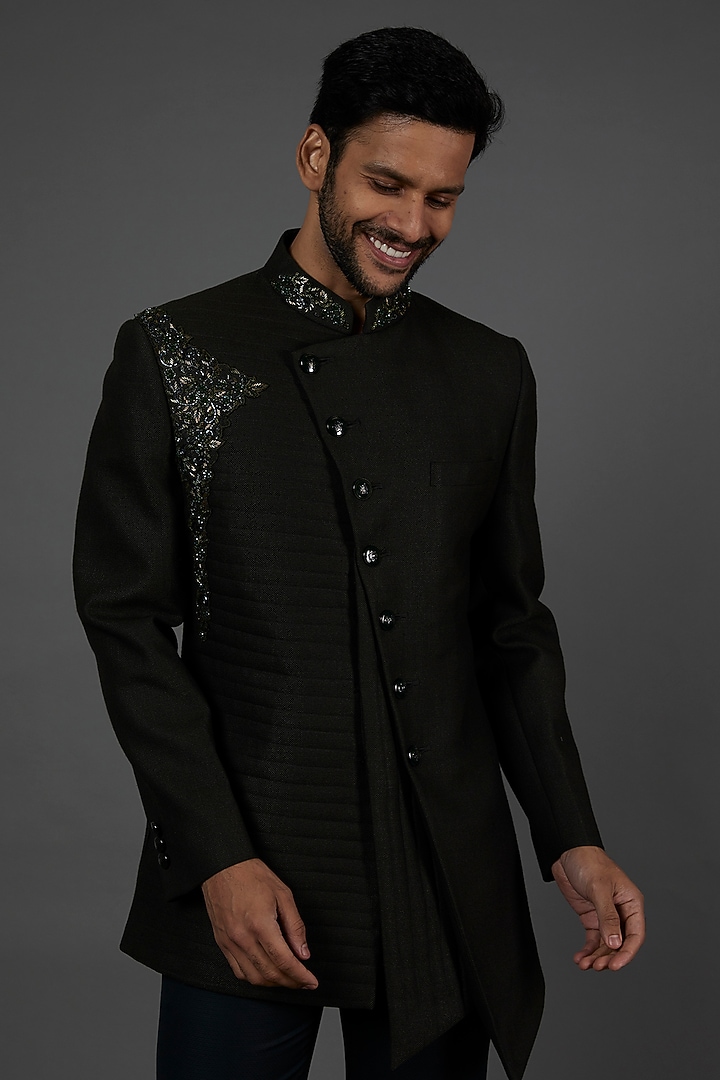Dark Green Embroidered Bandhgala Set by attire by kunal & Sid j at Pernia's Pop Up Shop