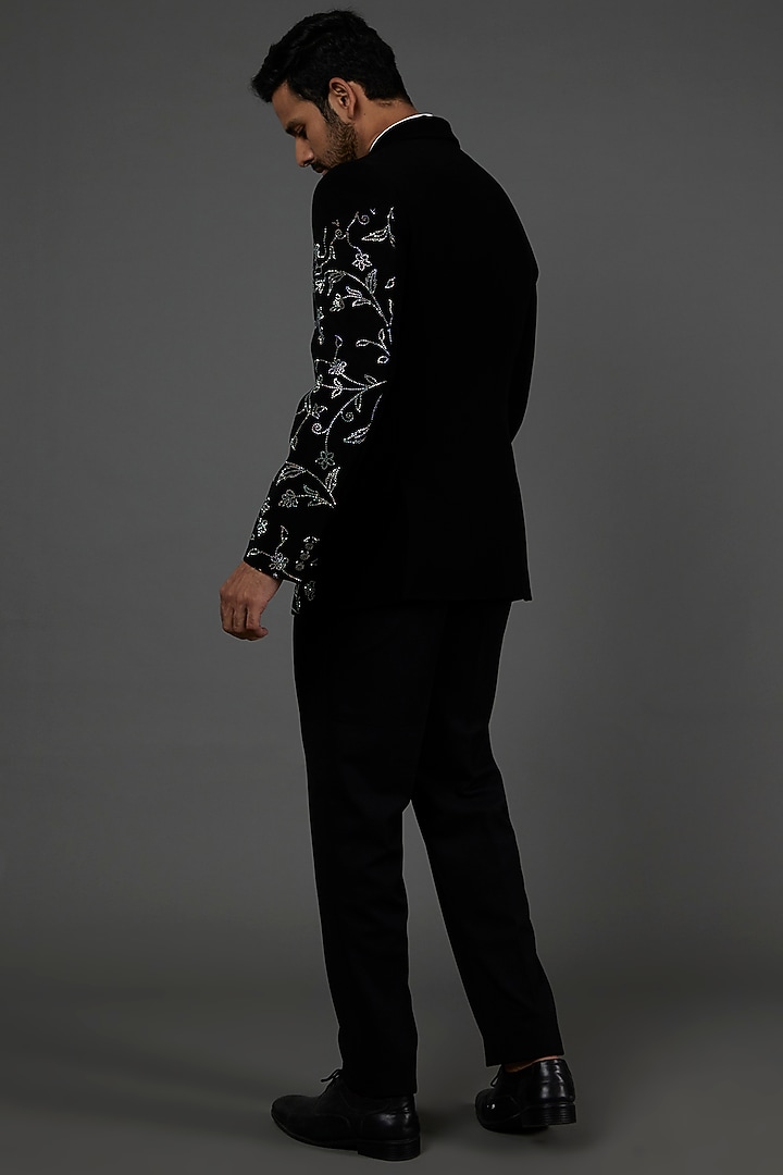 Black Japanese Polyester Sequins Work Tuxedo Set by attire by kunal & Sid j at Pernia's Pop Up Shop