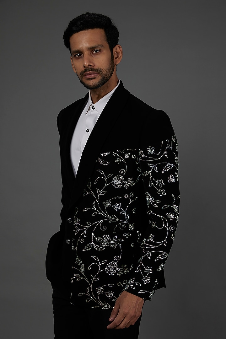 Black Japanese Polyester Sequins Work Tuxedo Set by attire by kunal & Sid j at Pernia's Pop Up Shop