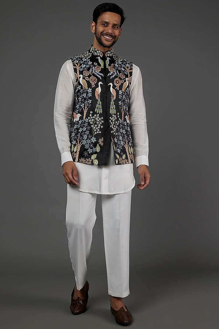 Black Embroidered Bundi Jacket With Kurta Set by attire by kunal & Sid j