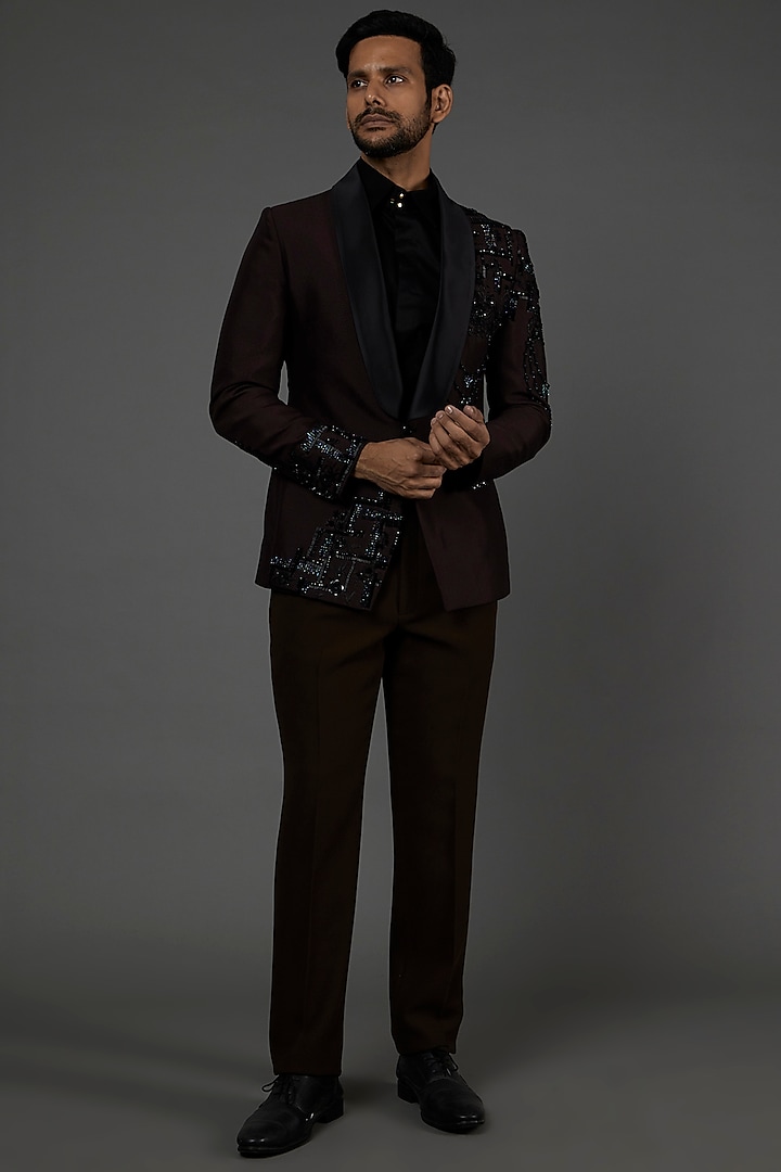 Wine Embroidered Suit Set by attire by kunal & Sid j