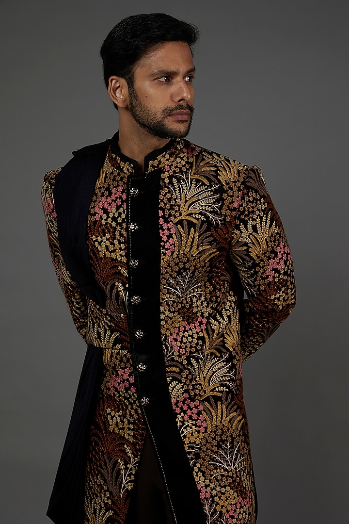 Cobalt Blue Embroidered Wedding Indowestern Jacket Set by attire by kunal & Sid j at Pernia's Pop Up Shop
