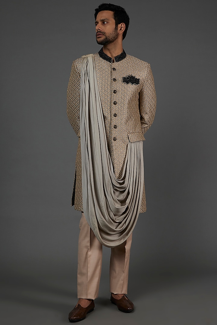 Grey Silk Indowestern Jacket Set by attire by kunal & Sid j