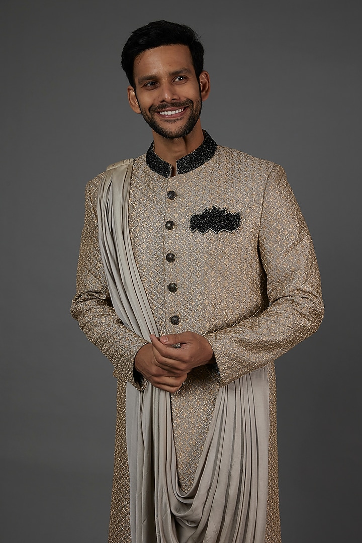 Grey Silk Wedding Indowestern Jacket Set by attire by kunal & Sid j at Pernia's Pop Up Shop