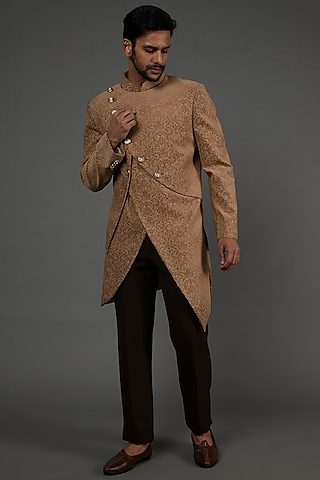 Beige Suede Indowestern Jacket Set by attire by kunal & Sid j