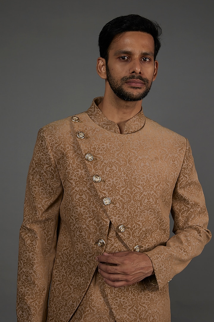 Beige Suede Wedding Indowestern Jacket Set by attire by kunal & Sid j at Pernia's Pop Up Shop