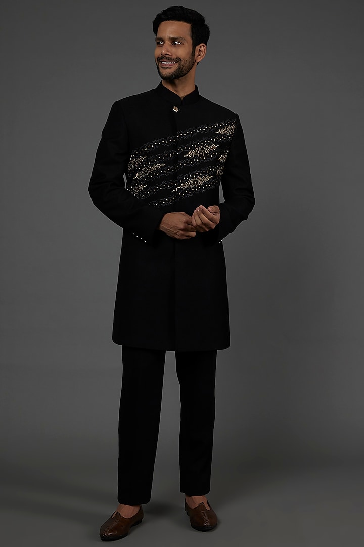 Black Embroidered Indowestern Jacket Set by attire by kunal & Sid j
