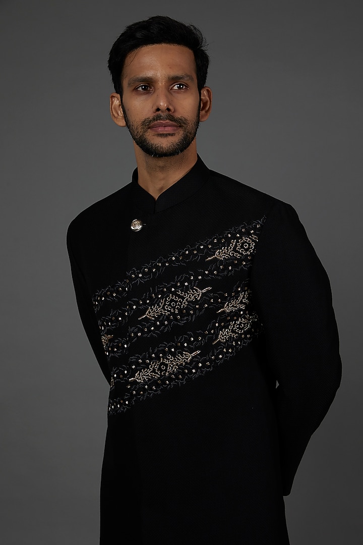 Black Embroidered Wedding Indowestern Jacket Set by attire by kunal & Sid j at Pernia's Pop Up Shop