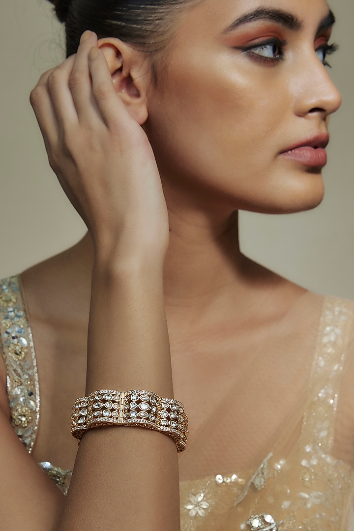 Gold Finish Kundan Polki & Cubic Zirconia Kada by Akulya Jewels at Pernia's Pop Up Shop