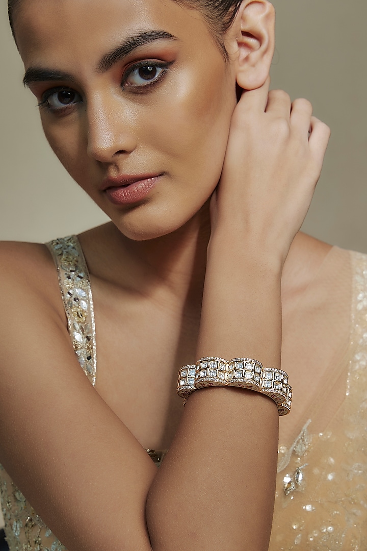 Gold Finish Kundan Polki & Cubic Zirconia Kada by Akulya Jewels at Pernia's Pop Up Shop