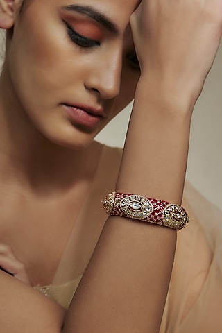 Gold Finish Kundan Polki Meenakari Kada by Akulya Jewels