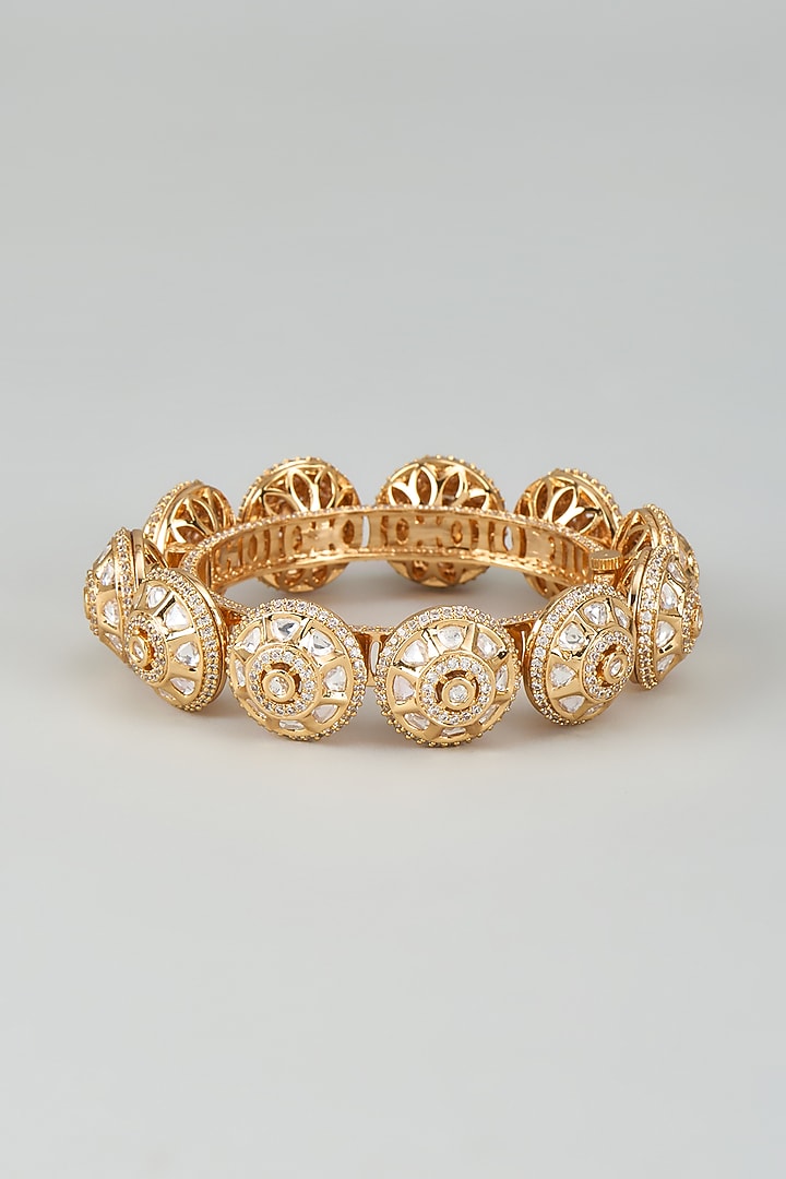 Gold Finish Kundan Polki & Cubic Zirconia Pacheli Bangles by Akulya Jewels at Pernia's Pop Up Shop