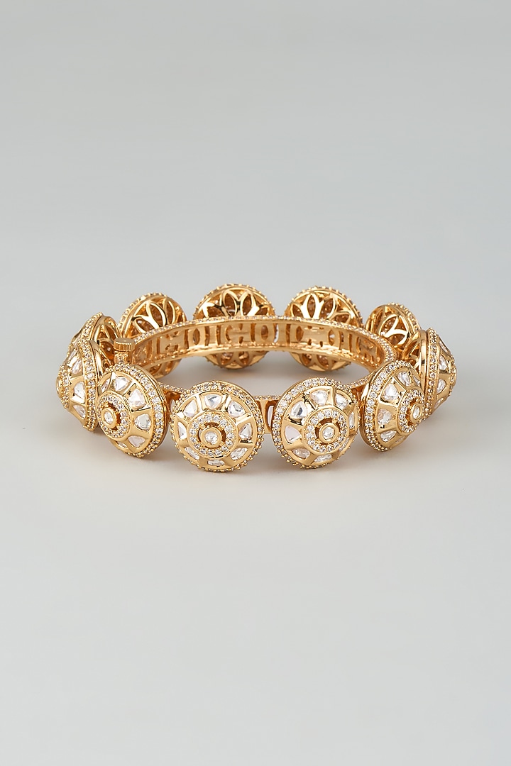 Gold Finish Kundan Polki & Cubic Zirconia Pacheli Bangles by Akulya Jewels at Pernia's Pop Up Shop