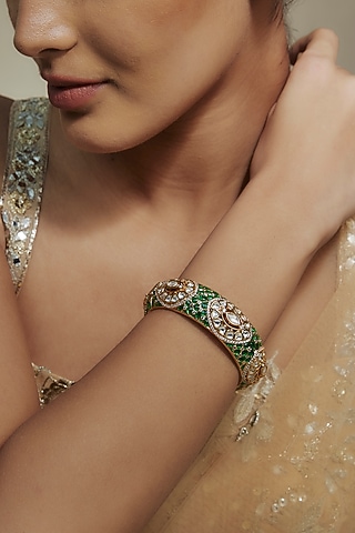 Gold Finish Kundan Polki Green Meenakari Kada by Akulya Jewels