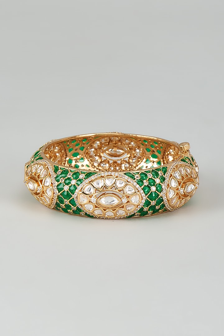 Gold Finish Kundan Polki Green Meenakari Kada by Akulya Jewels at Pernia's Pop Up Shop