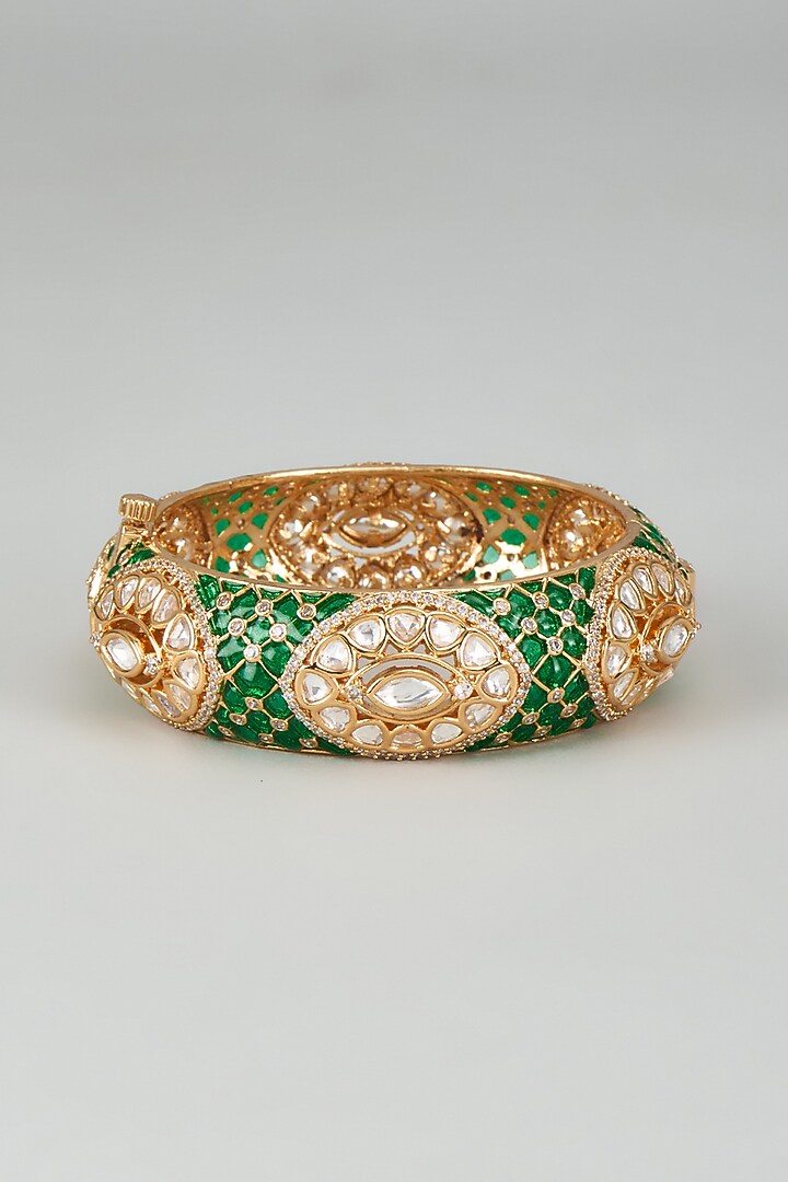 Gold Finish Kundan Polki Green Meenakari Kada by Akulya Jewels at Pernia's Pop Up Shop