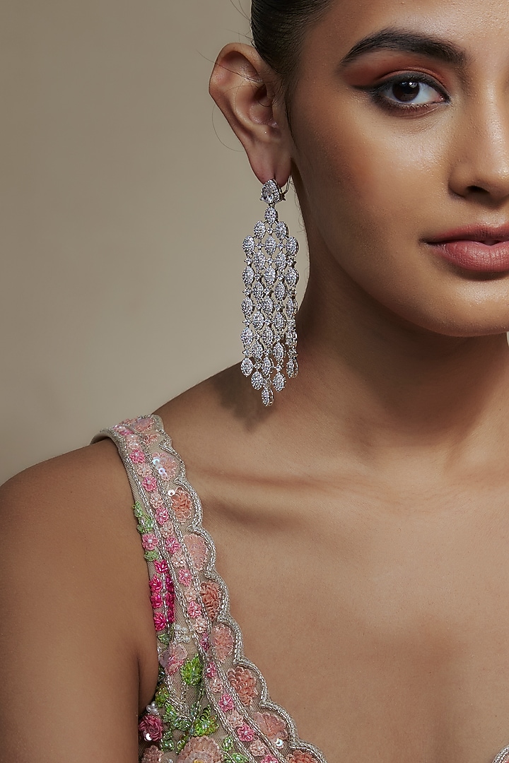 White Finish Cubic Zirconia Dangler Earrings by Akulya Jewels at Pernia's Pop Up Shop