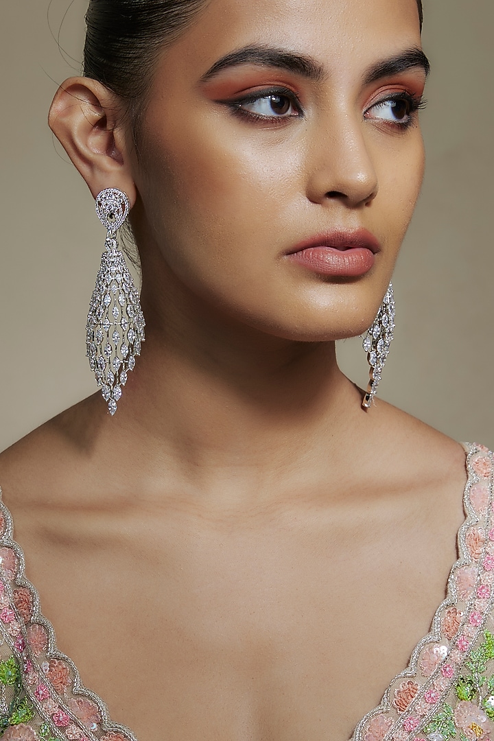 White Finish Cubic Zirconia Jaal Dangler Earrings by Akulya Jewels at Pernia's Pop Up Shop