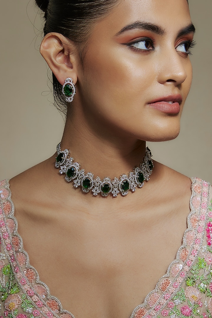 White Rhodium Finish Cubic Zirconia & Emerald Stone Choker Necklace Set by Akulya Jewels at Pernia's Pop Up Shop