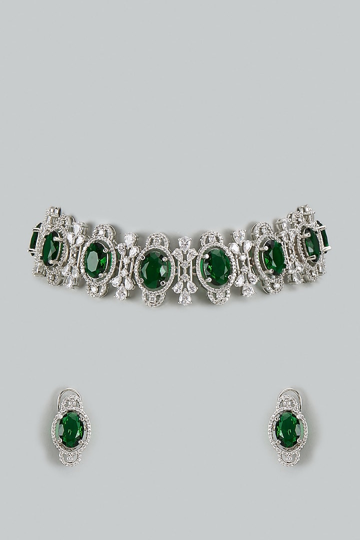 White Rhodium Finish Cubic Zirconia & Emerald Stone Choker Necklace Set by Akulya Jewels at Pernia's Pop Up Shop