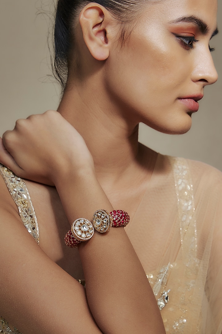 Gold Finish Kundan Polki & Cubic Zirconia Red Meenakari Kada by Akulya Jewels at Pernia's Pop Up Shop