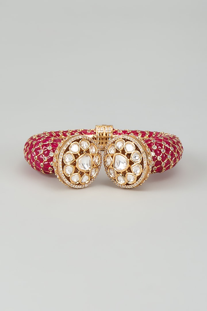 Gold Finish Kundan Polki & Cubic Zirconia Red Meenakari Kada by Akulya Jewels at Pernia's Pop Up Shop