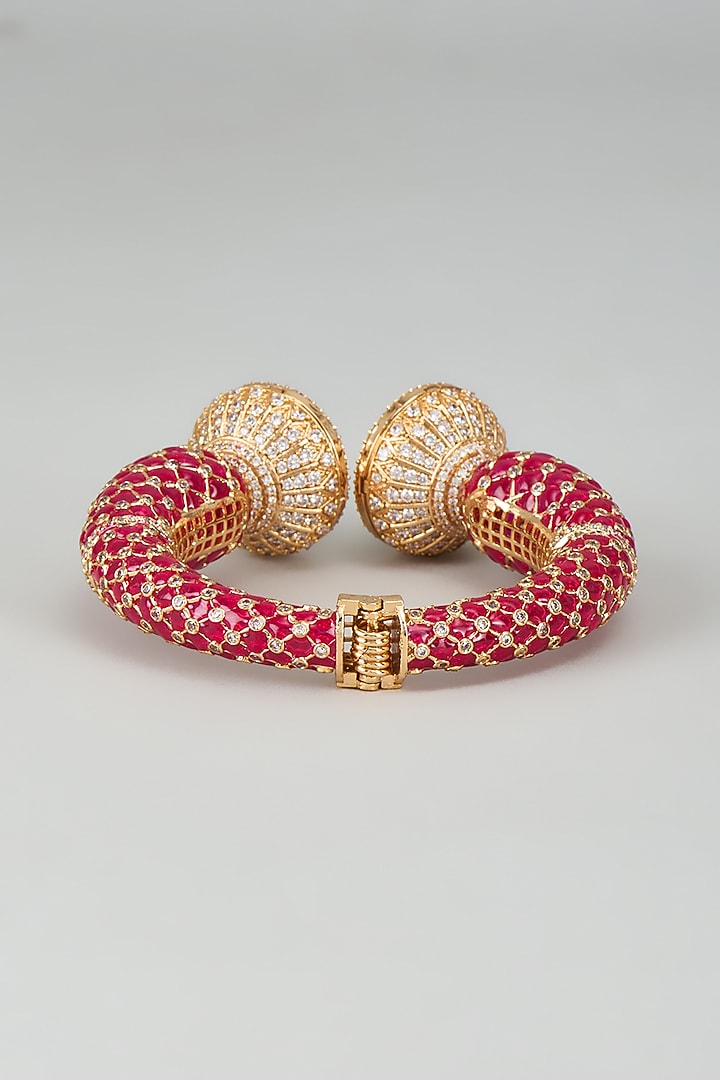 Gold Finish Kundan Polki & Cubic Zirconia Red Meenakari Kada by Akulya Jewels at Pernia's Pop Up Shop