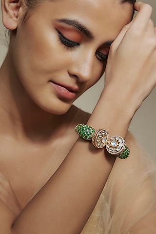 Gold Finish Kundan Polki & Cubic Zirconia Green Meenakari Kada by Akulya Jewels