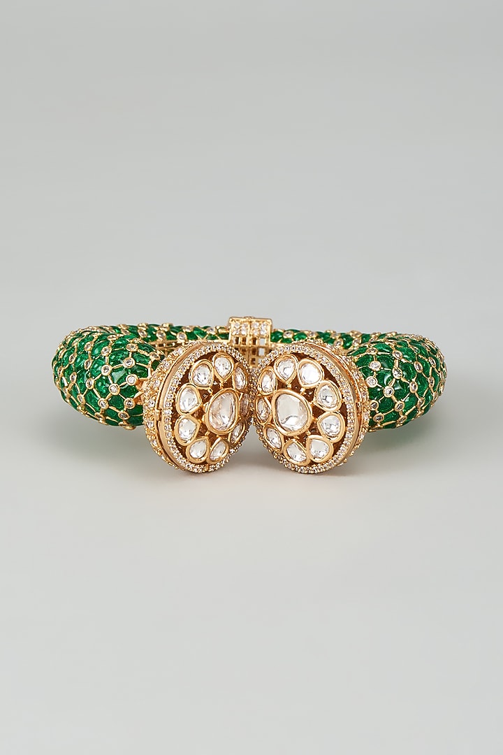 Gold Finish Kundan Polki & Cubic Zirconia Green Meenakari Kada by Akulya Jewels at Pernia's Pop Up Shop