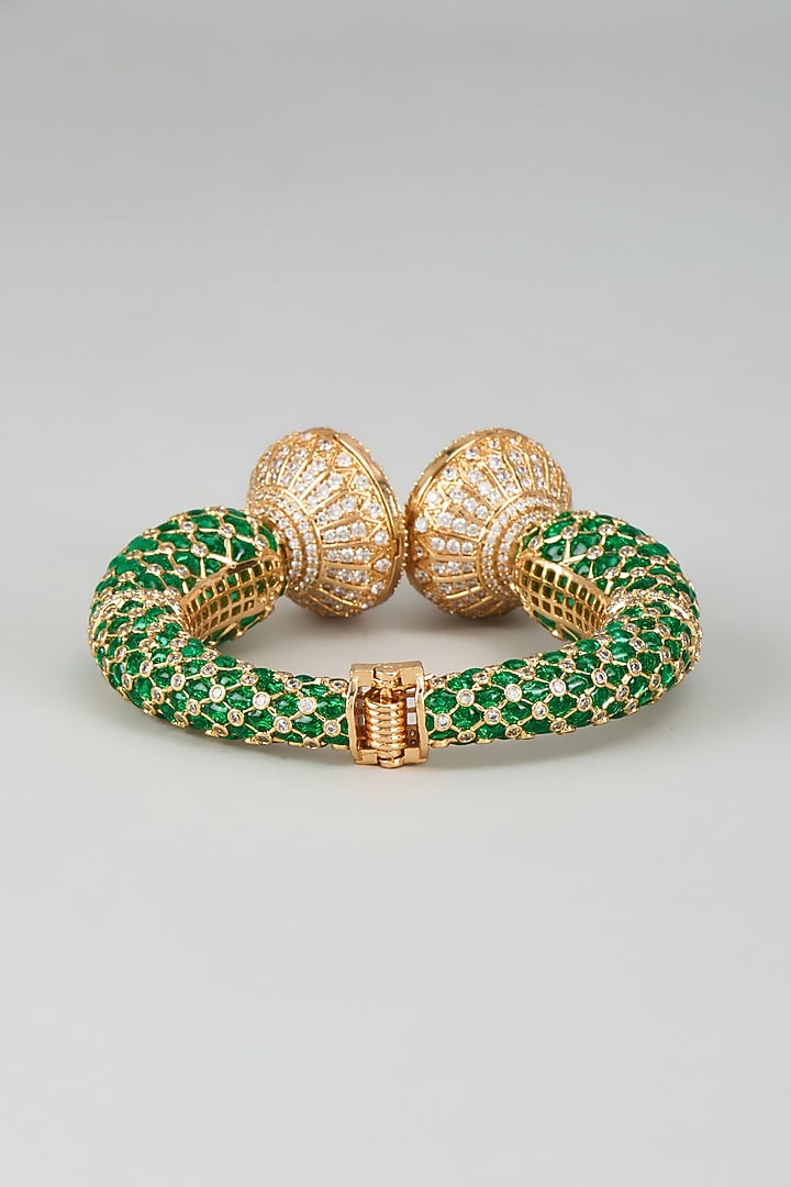 Gold Finish Kundan Polki & Cubic Zirconia Green Meenakari Kada by Akulya Jewels at Pernia's Pop Up Shop