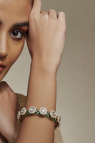 Gold Finish Kundan Polki Green Meenakari Pacheli Bangles by Akulya Jewels