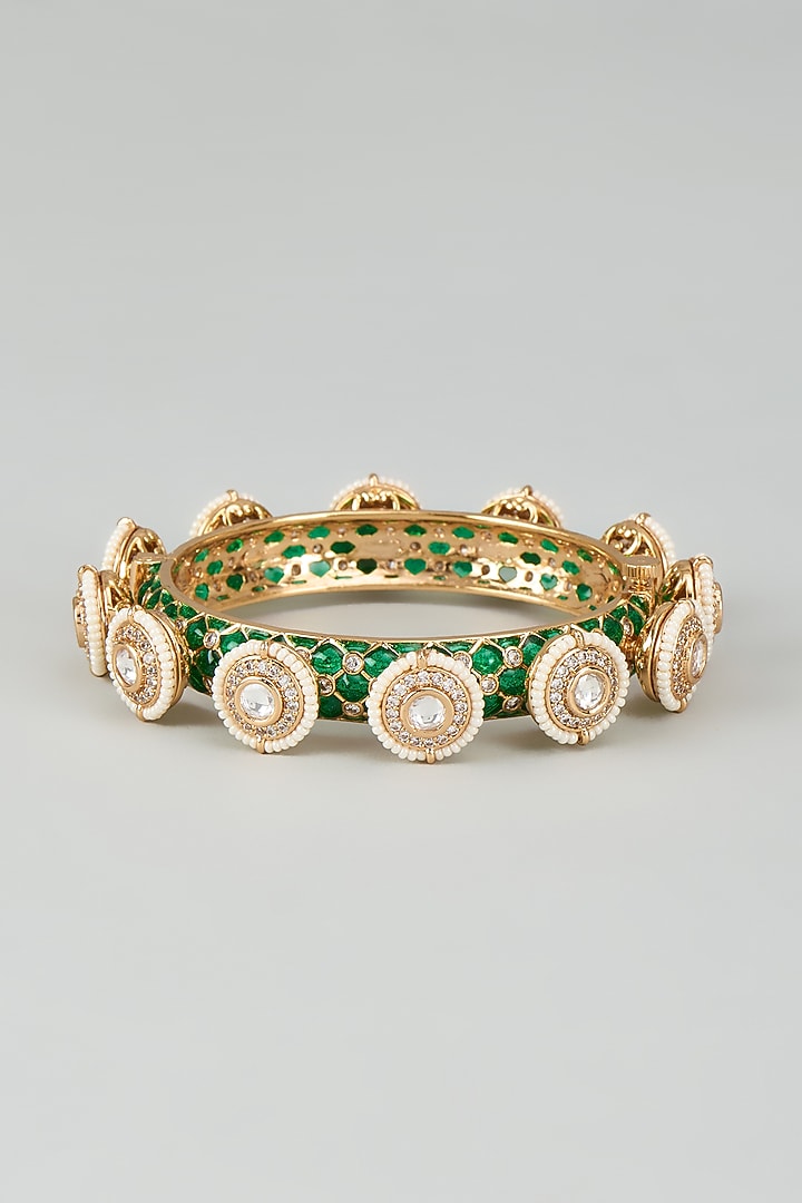 Gold Finish Kundan Polki Green Meenakari Pacheli Bangles by Akulya Jewels at Pernia's Pop Up Shop
