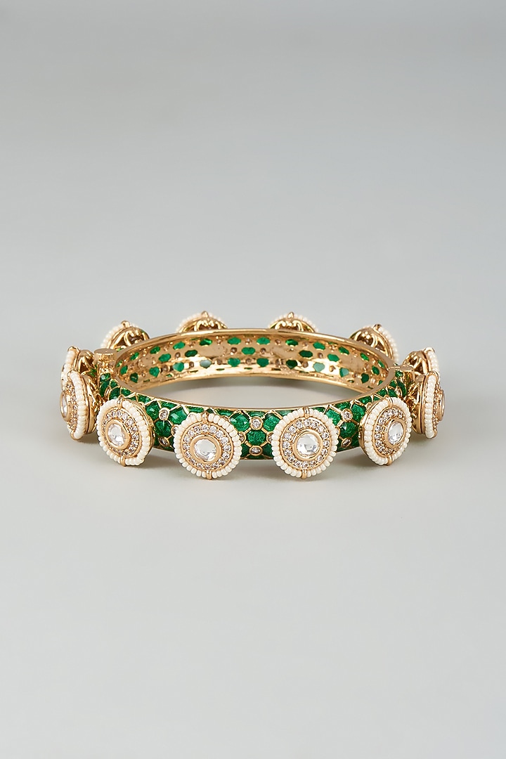 Gold Finish Kundan Polki Green Meenakari Pacheli Bangles by Akulya Jewels at Pernia's Pop Up Shop