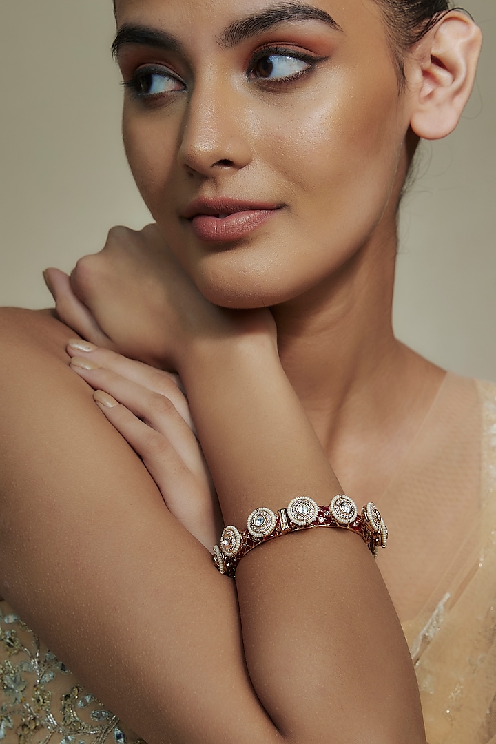 Gold Finish Kundan Polki Red Meenakari Pacheli Bangles by Akulya Jewels at Pernia's Pop Up Shop