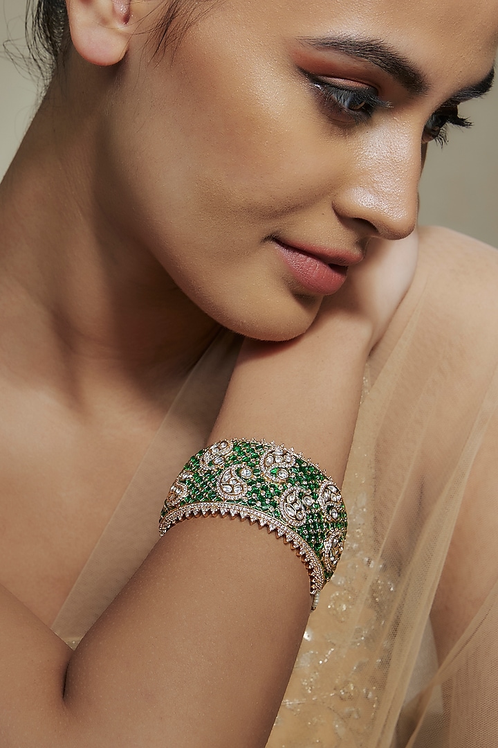 Gold Finish Kundan Polki & White Beaded Green Meenakari Kada by Akulya Jewels at Pernia's Pop Up Shop