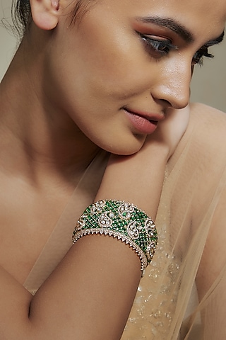 Gold Finish Kundan Polki & White Beaded Green Meenakari Kada by Akulya Jewels
