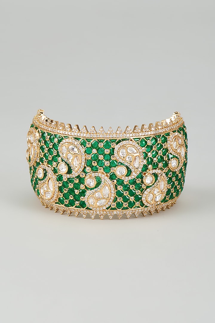 Gold Finish Kundan Polki & White Beaded Green Meenakari Kada by Akulya Jewels at Pernia's Pop Up Shop