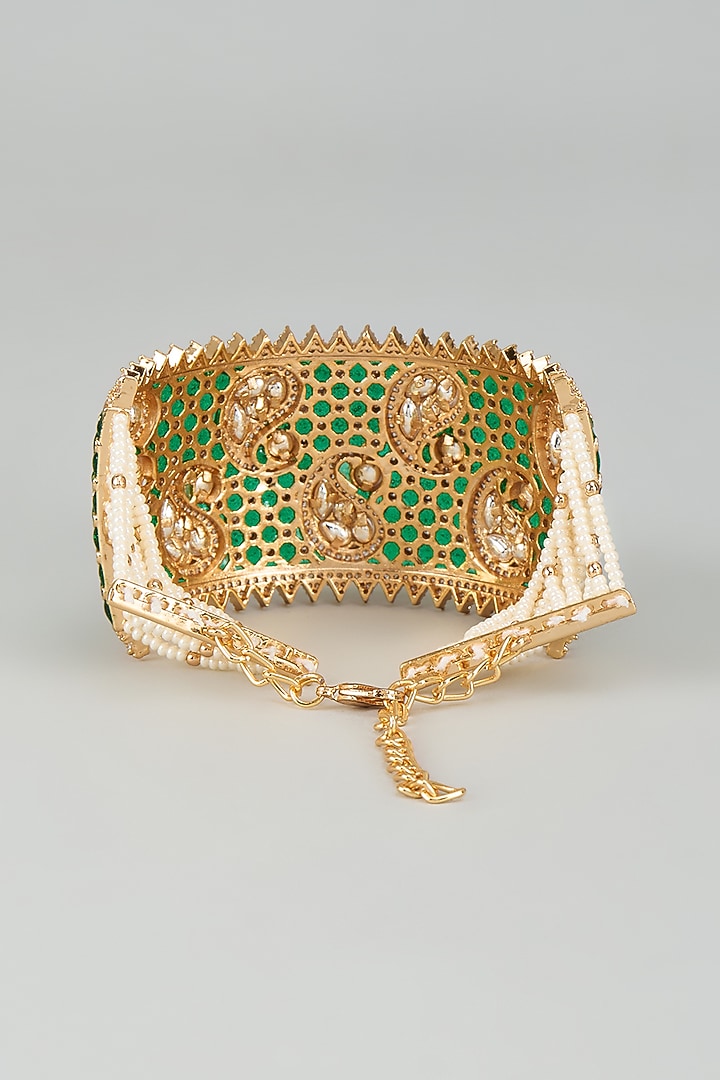 Gold Finish Kundan Polki & White Beaded Green Meenakari Kada by Akulya Jewels at Pernia's Pop Up Shop