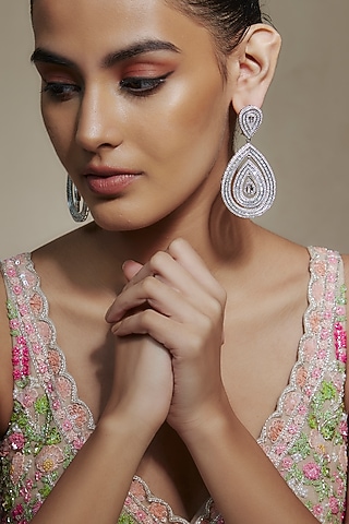 White Finish Square-Cut Cubic Zirconia Dangler Earrings by Akulya Jewels