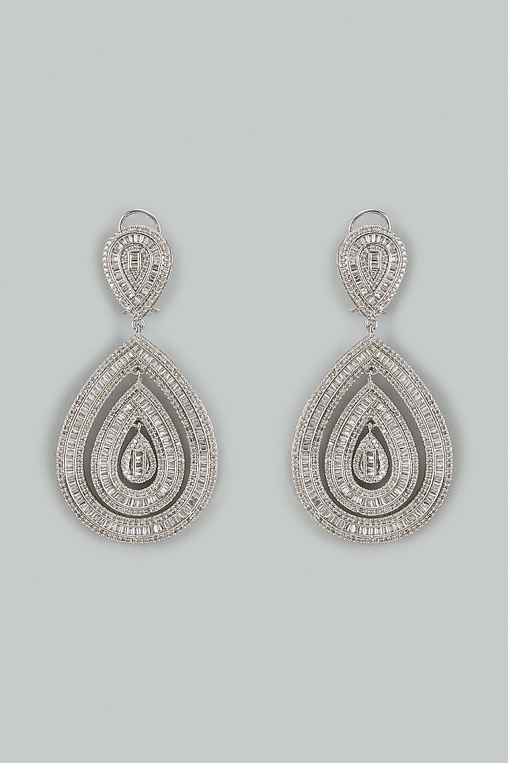 White Finish Square-Cut Cubic Zirconia Dangler Earrings by Akulya Jewels at Pernia's Pop Up Shop