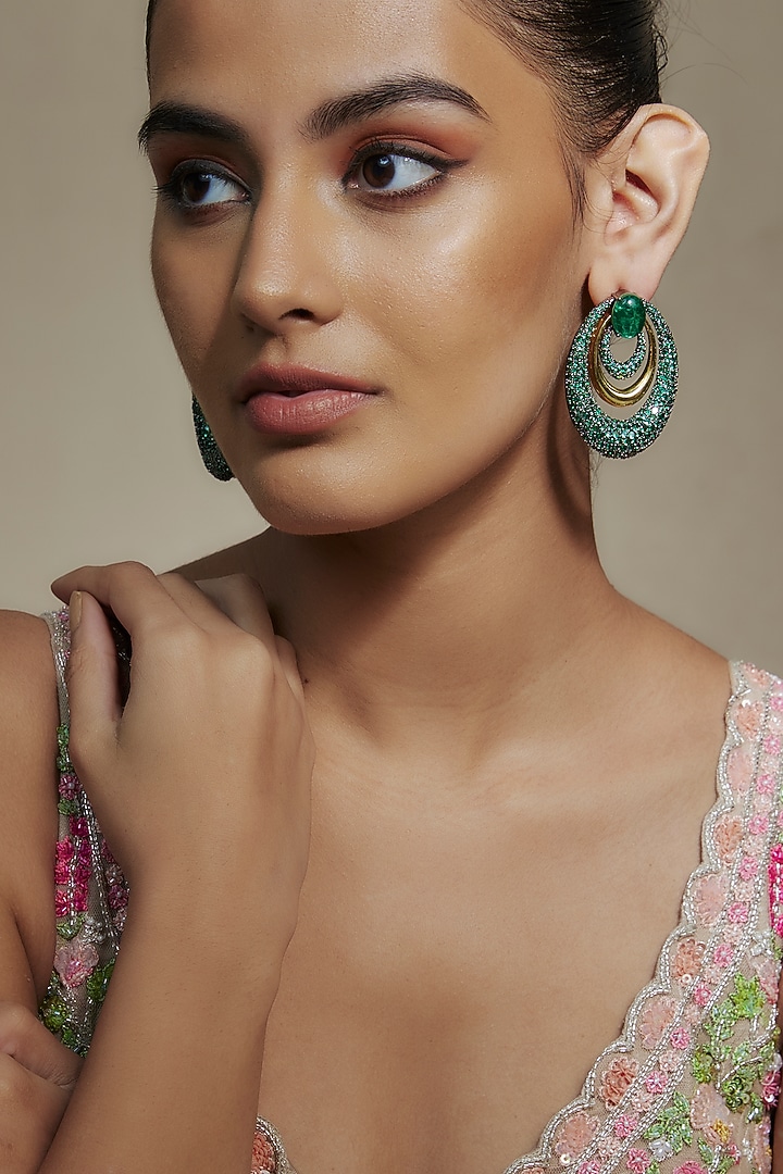 Gold Finish Green Cubic Zirconia & Emerald Doublet Dangler Earrings by Akulya Jewels at Pernia's Pop Up Shop